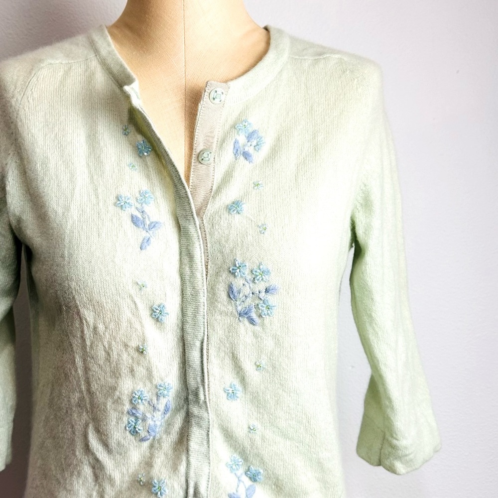 Easel Silk Embroidered Cardigan Sweater Beaded Green Blue Small